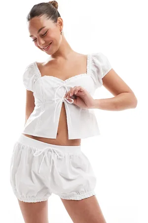 The Frolic Exclusive cotton milkmaid tie front pyjama top co-ord in
