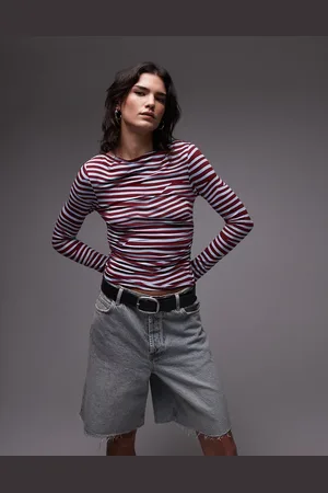 Topshop Slash neck long sleeve jersey top in white and burgundy
