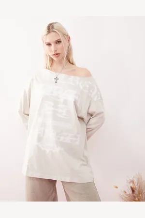 Weekday Slash neck long sleeve top with text graphic prints in beige