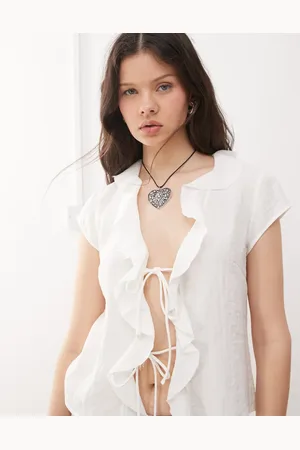 Weekday Blouse with frill tie front detail in off