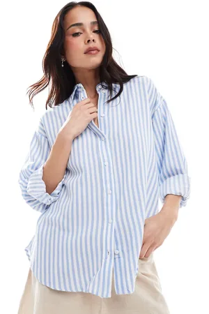 Stradivarius Linen look long sleeve shirt in light stripe