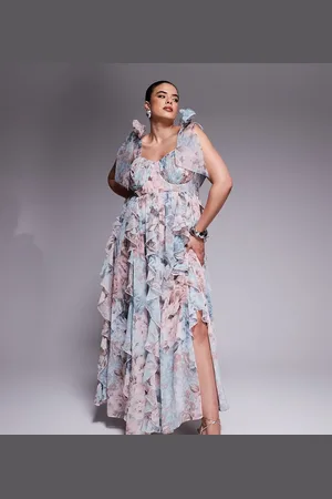 ASOS Curve maxi dress with waterfall ruffles and tie straps in lace floral print