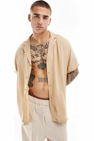 ASOS Fit viscose shirt with low revere collar in camel