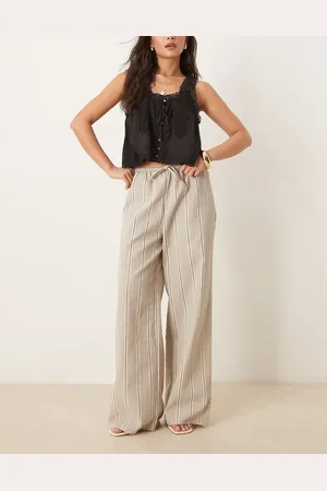 ASOS Linen look tailored tie waist pull on trouser in taupe stripe
