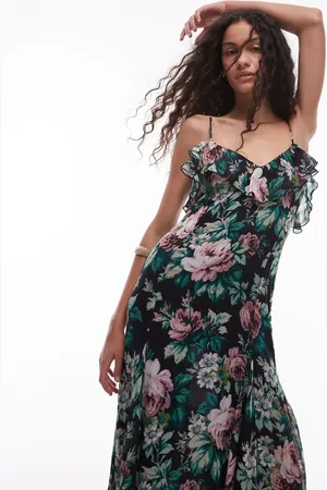 MANGO Chiffon ruffle maxi dress in deep floral print