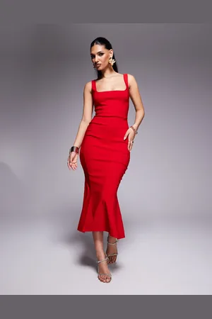 Vesper Bengaline sleeveless square neck fishtail midi dress in
