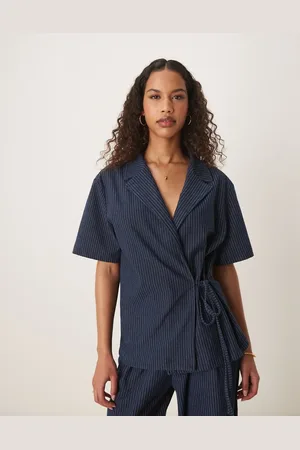 ASOS Denim look tie front revere shirt in pinstripe