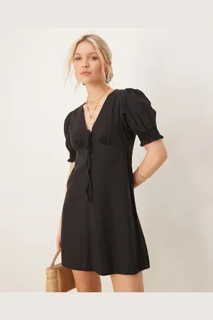 ASOS Soft denim puff sleeve mini dress with frill detail in wash