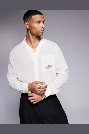 ASOS Revere shirt in with chest embroidery in cream