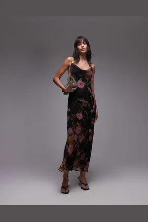 Topshop Twist back cowl neck midi slip dress in pink and lime floral