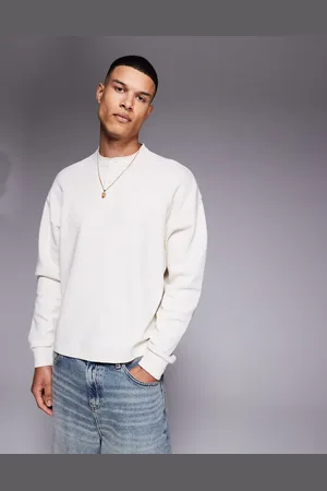ASOS Oversized boxy waffle long sleeve t-shirt with henley neck in cream