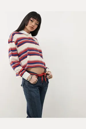 Santa Cruz Long sleeve crop polo top in red and black stripe