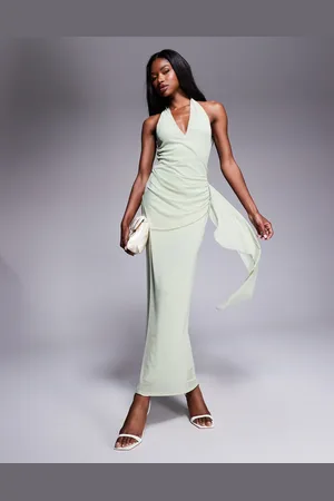 ASOS Mesh halterneck midi dress with sweeping sash skirt in sage green