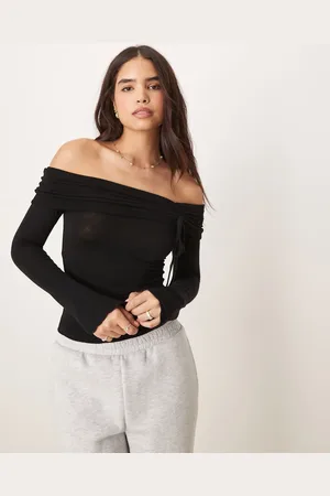 Gina Tricot Off shoulder long sleeve top with ruche channel detail and fluted sleeves in