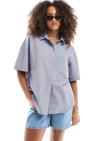 ASOS Short sleeve oversized shirt in blue and brown stripe