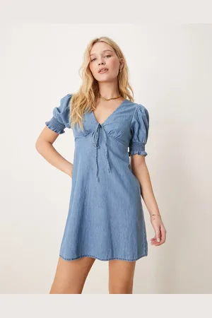 ASOS Soft denim puff sleeve mini dress with frill detail in mid
