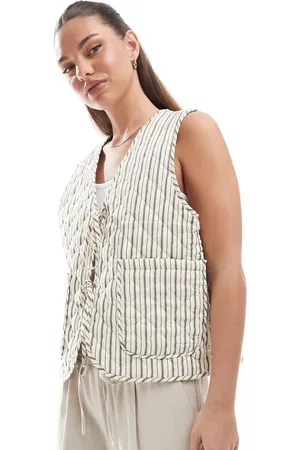 ONLY Tie front quilted gilet in beige stripe