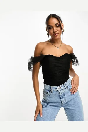 Lace & Beads Tulle bardot bodysuit in