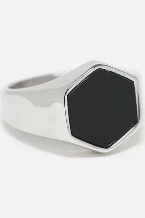 ASOS Waterproof stainless steel hexagonal signet ring with black stone in tone