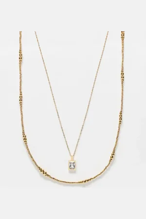ASOS 2 pack stainless steel beaded necklace with crystal pendant in tone