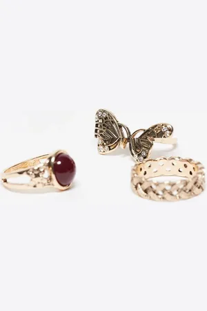 Reclaimed Ring 3 pack with butterfly and faux red stone in