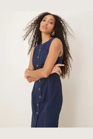 Abercrombie & Fitch Denim button through sleeveless midi dress in dark wash