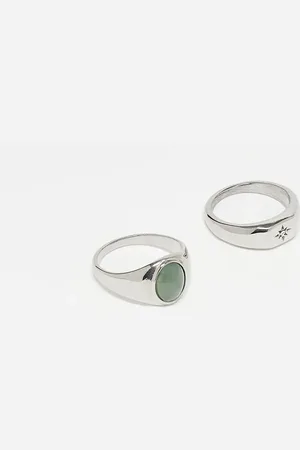 ASOS 2 pack waterproof stainless steel signet ring set with faux jade stone in tone