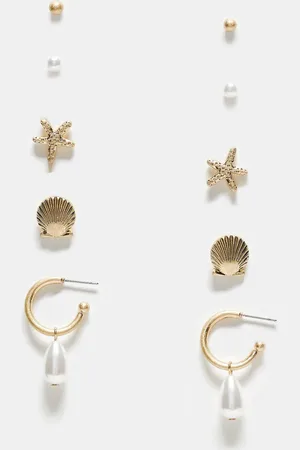 ASOS Pack of 5 stud earrings in shell and pearl designs in tone