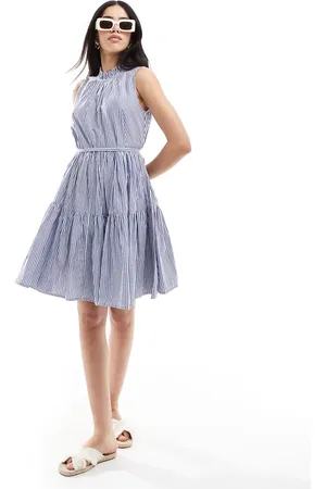 French Connection High neck tiered poplin mini dress in blue and white stripe