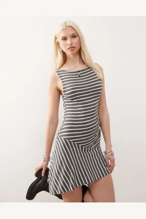 COLLUSION Slash neck drop waist dress in grey stripe