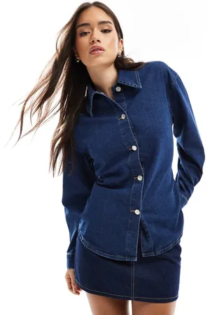 ASOS Cinched back denim shirt with tie in mid