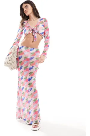 VERO MODA Beach mesh maxi skirt co-ord in blurred watercolour print