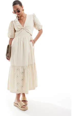 French Connection Cambria cotton broderie midi dress in beige