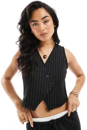 Pieces® Tailored asymmetric placket detail waistcoat co-ord in pinstripe