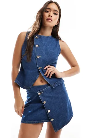 ASOS Asymmetric wrap front denim micro skirt with gold buttons co-ord in mid
