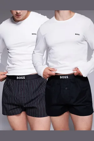 HUGO BOSS 2 pack logo waistband stripe & plain woven boxers in purple/
