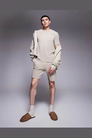 HUGO BOSS Rib logo shorts in light beige co-ord