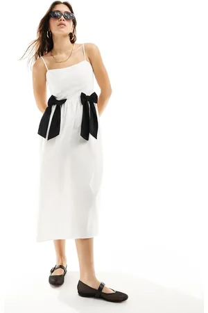 ASOS Cotton poplin midi dress in contrast bows in ivory