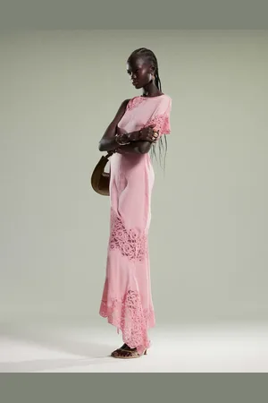 ASOS Flutter sleeve midi dress with lace detail in pink