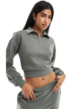 Miss Selfridge Half zip crop sweatshirt co-ord in sage
