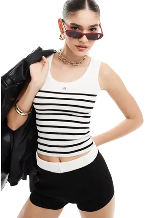 4th & Reckless Premium knitted contrast edge embroidered logo tank top in white stripe