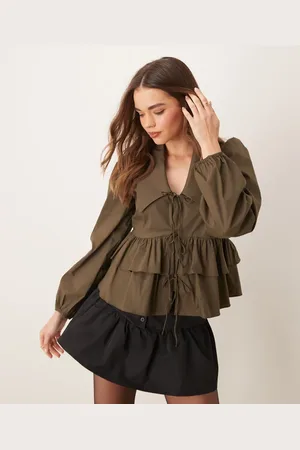 Y.A.S Tie front long sleeve tiered shirt in kalamanta