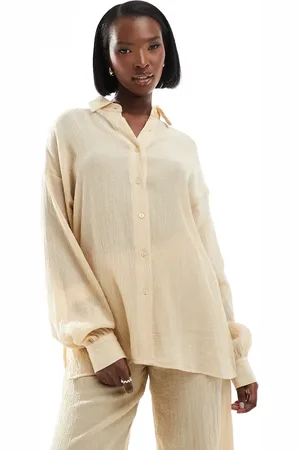 In The Style Textured sheer long sleeve shirt co-ord in beige