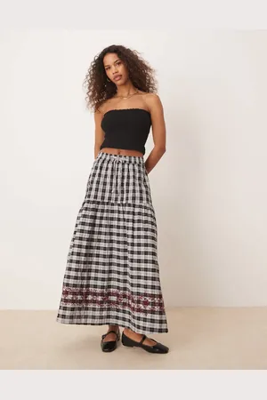 Neon Rose Gingham embroidered detail midaxi skirt in