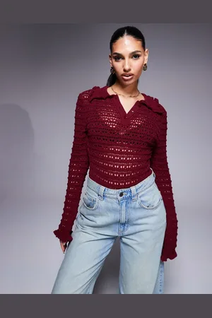 ASOS Knitted stitch detail bodysuit with frill detail in burgundy