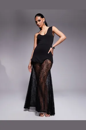 ASOS Premium scuba maxi dress with asymmetric neckline and lace skirt in
