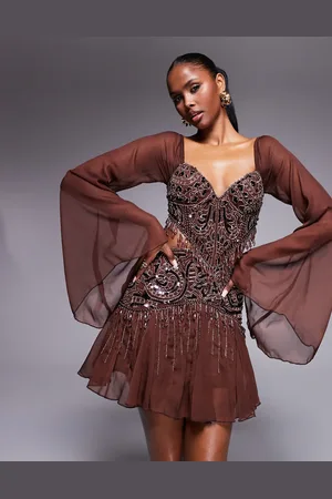 ASOS Fluted sleeve mini dress with placement embellishment in chocolate