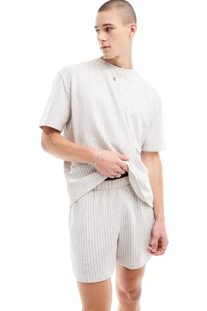 ASOS Ribbed t-shirt and shorts lounge set in beige stripe