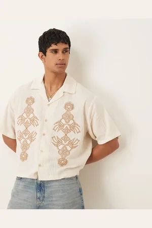 ASOS Boxy oversized textured shirt with embroidery in beige