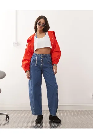 ASOS High rise barrel leg jean with button fly in mid